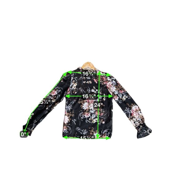 Womens Floral Sheer Blouse Black Long Sleeve Ruffle Neck Romantic Top Small - Picture 16 of 16